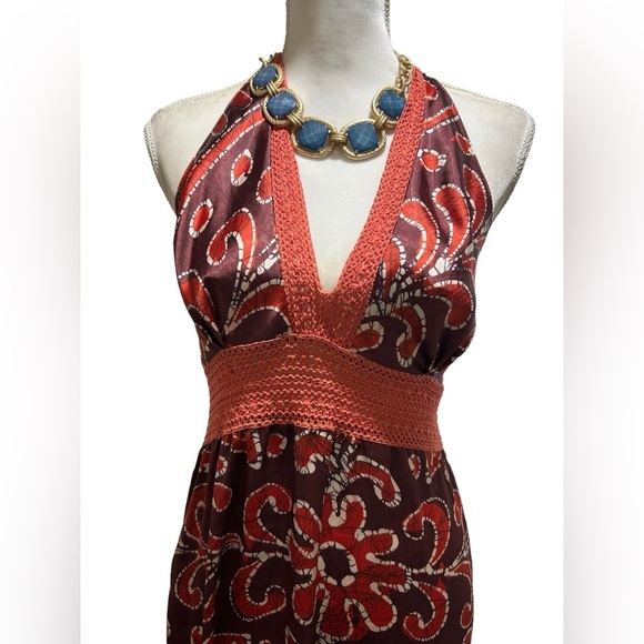 Uluwatu bohemian halter maxi dress | brown silky crochet dress | size medium - Picture 4 of 9